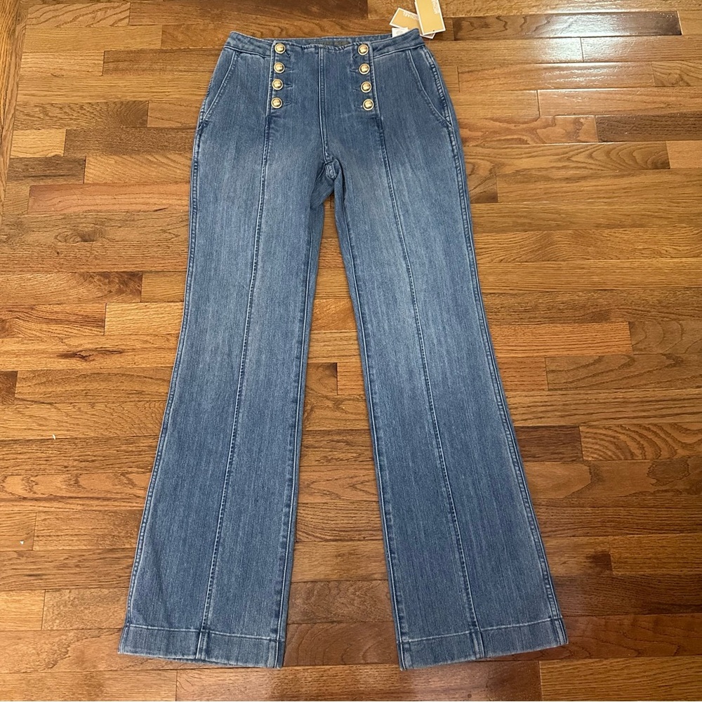 Stylish Blue Flare Jeans with Button Detail